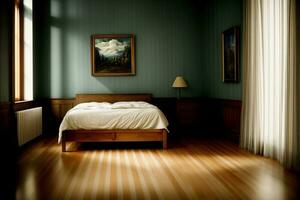 uma cama quarto com uma ordenadamente fez cama e uma pintura em a muro. ai gerado foto
