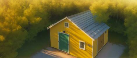 a aéreo Visão do uma pequeno amarelo casa. ai gerado foto