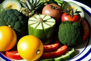 uma branco prato coberto com grande quantidade do diferente tipos do frutas e legumes. ai gerado foto