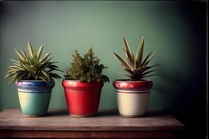 três em vaso plantas sentado em topo do uma de madeira mesa. ai gerado foto