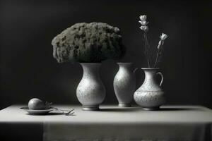 uma mesa coberto com três vasos preenchidas com flores ai gerado foto