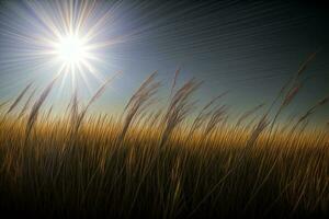 a Sol brilha brilhantemente sobre uma campo do alta grama. ai gerado foto