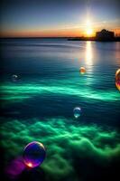 Sabonete bolhas flutuando dentro a água às pôr do sol. ai gerado foto
