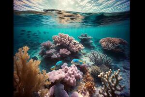 uma grupo do peixe natação sobre uma colorida coral recife. ai gerado foto