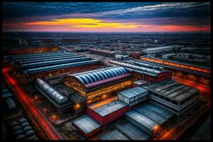 a aéreo Visão do uma trem estação às pôr do sol. ai gerado foto