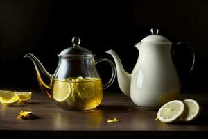 uma chá Panela preenchidas com limão fatias Próximo para uma copo do chá. ai gerado foto
