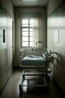 uma hospital cama dentro uma vagamente aceso sala. ai gerado foto