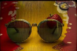 uma par do oculos de sol sentado em topo do uma mesa. ai gerado foto