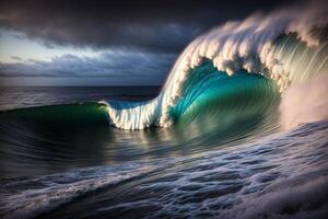 uma ampla onda dentro a meio do a oceano. ai gerado foto