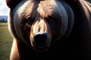 uma ampla Castanho Urso em pé em topo do uma exuberante verde campo. ai gerado foto