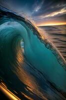 uma ampla onda dentro a meio do a oceano. ai gerado foto