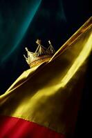 uma dourado coroa em topo do uma vermelho e amarelo bandeira. ai gerado foto