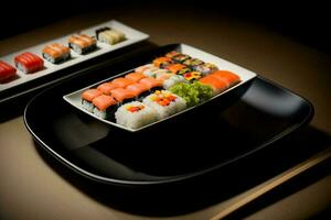 uma fechar acima do uma prato do Sushi em uma mesa. ai gerado foto
