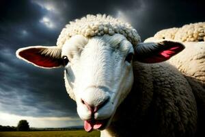 uma fechar acima do uma ovelha com Está língua fora. ai gerado foto