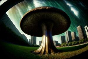 uma ampla cogumelo sentado em topo do uma exuberante verde campo. ai gerado foto