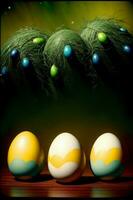 uma grupo do três ovos sentado em topo do uma de madeira mesa. ai gerado foto