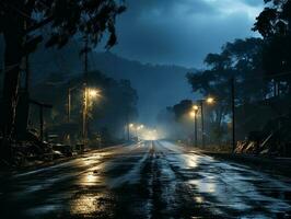 rodovia estrada dentro a noite com pesado chuva e relâmpago ai generativo foto