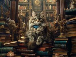 surrealista cenário do uma professor gato dentro uma biblioteca, insano detalhe ai generativo foto