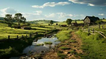 Fazenda dentro sub urbano às tarde, ultra realista, suave iluminação fez de ai generativo foto