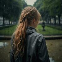 uma costas perfil do uma menina dentro uma chuva às uma parque do uma França velho aldeias ai generativo foto