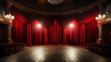 teatro estágio, com vermelho cortina, de madeira chão, cadeiras e iluminação ai generativo foto