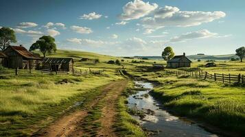 Fazenda dentro sub urbano às tarde, ultra realista, suave iluminação fez de ai generativo foto