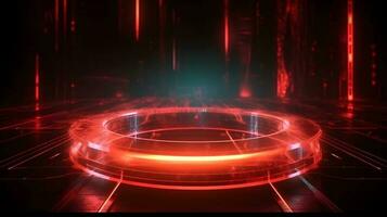 tecnologia futurista círculo com brilhando néon luz pódio etapa generativo ai. foto
