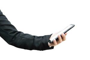 homem de negocios mão segurando em branco tela Smartphone, isolado em branco fundo com recorte caminho. foto