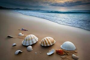 uma grupo do conchas do mar sentado em topo do uma arenoso de praia. ai gerado foto