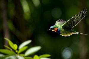 uma colorida pássaro vôo sobre uma exuberante verde floresta. ai gerado foto