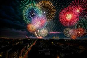 uma colorida fogos de artifício exibição sobre uma cidade às noite. ai gerado foto