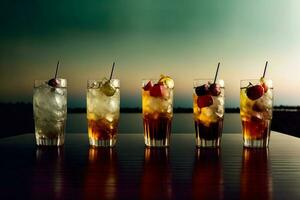 uma linha do óculos preenchidas com diferente tipos do bebidas. ai gerado foto