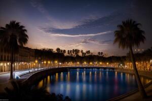 uma ponte sobre uma rio às noite com Palma árvores ai gerado foto