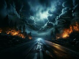 rodovia estrada dentro a noite com pesado chuva e relâmpago ai generativo foto