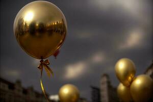 uma grupo do ouro balões flutuando dentro a ar. ai gerado foto