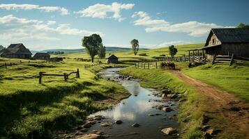 Fazenda dentro sub urbano às tarde, ultra realista, suave iluminação fez de ai generativo foto