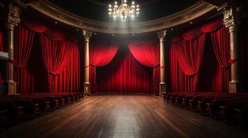 teatro estágio, com vermelho cortina, de madeira chão, cadeiras e iluminação ai generativo foto