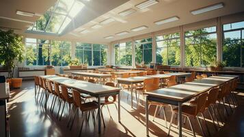 escola classe dentro luz do dia. limpar \ limpo interior com quadro branco, gaveta, cadeiras e mesas ai generativo foto