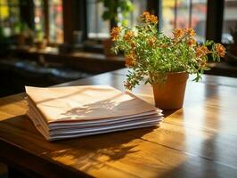 papel em a de madeira mesa, real fotografia com suave iluminação e Sol luz ai gerar foto