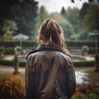 uma costas perfil do uma menina dentro uma chuva às uma parque do uma França velho aldeias ai generativo foto