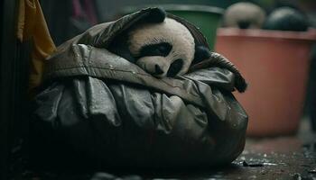 panda dormindo dentro uma Preto Lixo saco entre a pilhas do plástico desperdício e a chuva, a conceito do salvando a planeta. generativo ai. foto