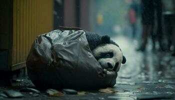 panda dormindo dentro uma Preto Lixo saco entre a pilhas do plástico desperdício e a chuva, a conceito do salvando a planeta. generativo ai. foto