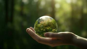 humano mãos segurando terra esfera cristal com luz solar, verde natureza fundo, conceito do conservação ambiental. ai generativo. foto