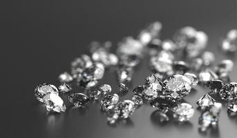 grupo de diamantes colocado em fundo preto com renderização 3D de foco suave foto
