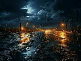 rodovia estrada dentro a noite com pesado chuva e relâmpago ai generativo foto