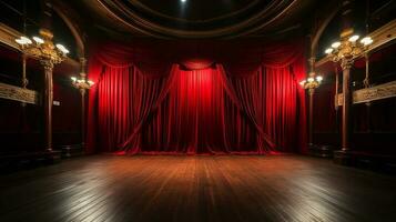 teatro estágio, com vermelho cortina, de madeira chão, cadeiras e iluminação ai generativo foto