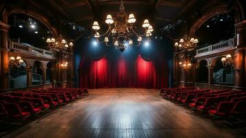 teatro estágio, com vermelho cortina, de madeira chão, cadeiras e iluminação ai generativo foto