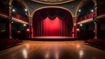 teatro estágio, com vermelho cortina, de madeira chão, cadeiras e iluminação ai generativo foto