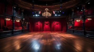 teatro estágio, com vermelho cortina, de madeira chão, cadeiras e iluminação ai generativo foto