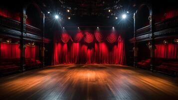 teatro estágio, com vermelho cortina, de madeira chão, cadeiras e iluminação ai generativo foto